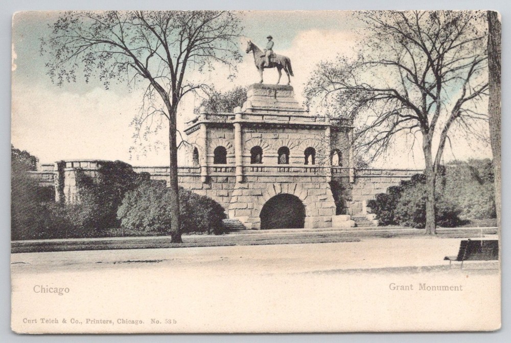 Chicago IL Grant Monument Curt Teich Postcard Ulysses S. Grant Statue c.1910