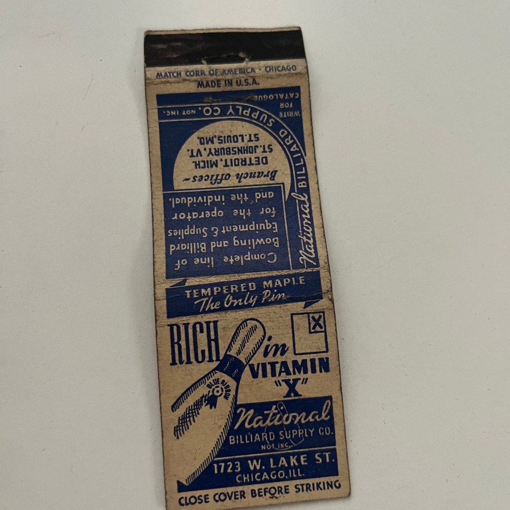 National Billiard Supply Co Not Inc Chicago IL Vintage Matchbook Cover SMB14-1