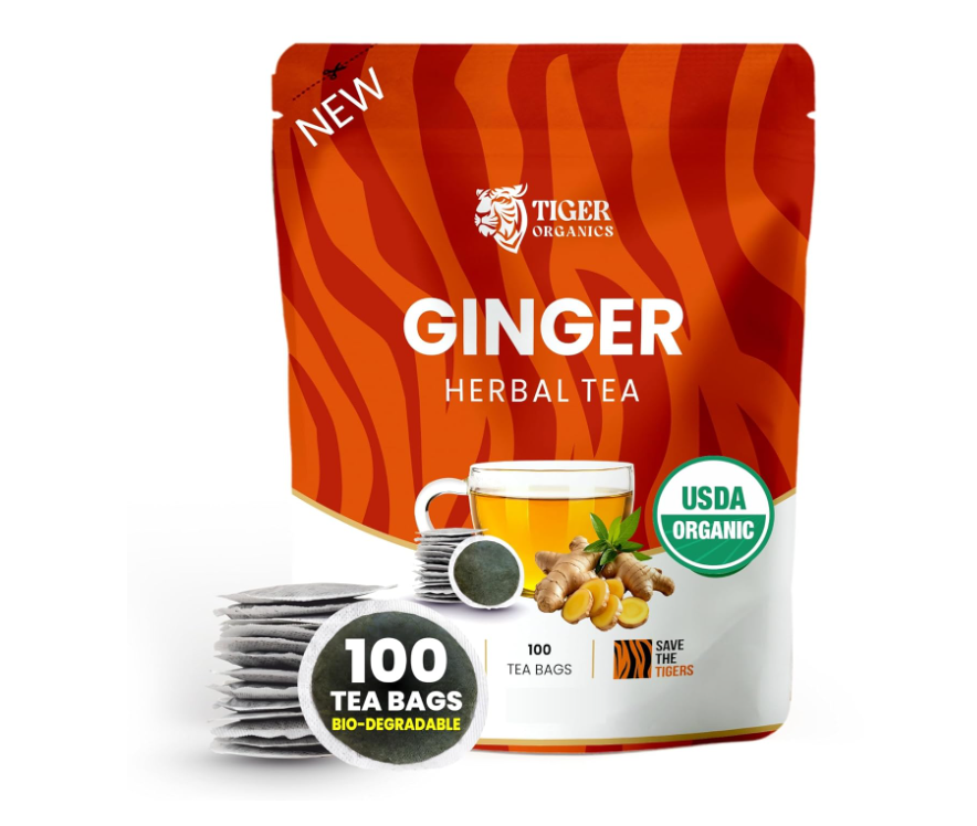 Boost immunity with Tiger Organics Ginger Herbal Tea, 100 biodegradable teabags for natural wellness support