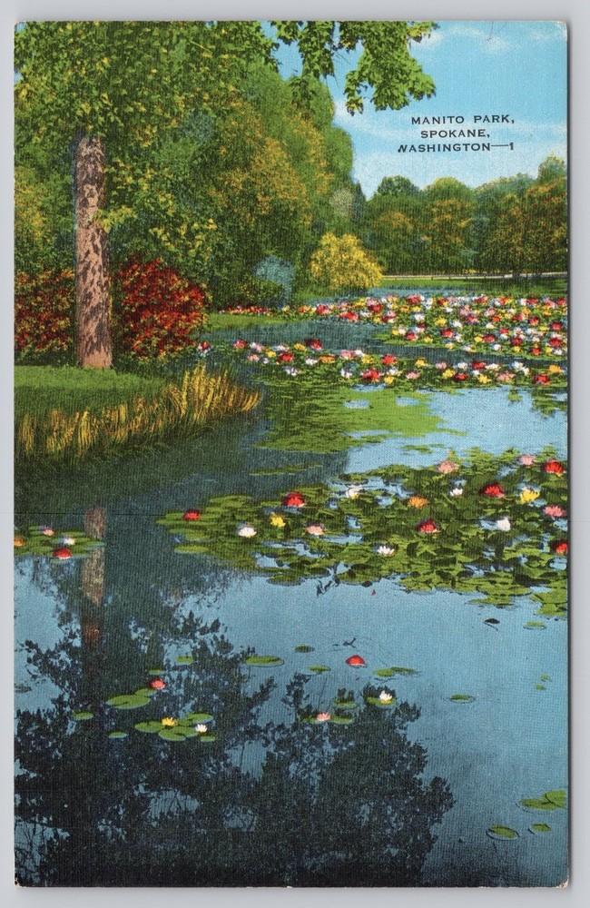 Vintage Linen Postcard Manito Park Spokane WA Mirror-like Lagoons