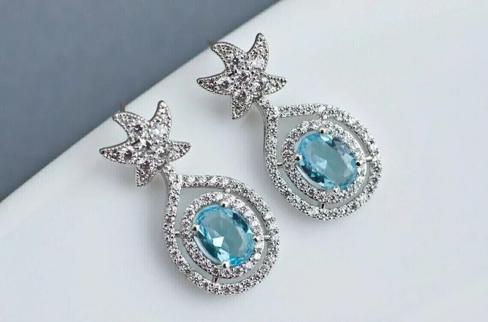 Oval Cut Simulated Blue Topaz Stunning Fancy Drop Earring 14k White Gold Plated