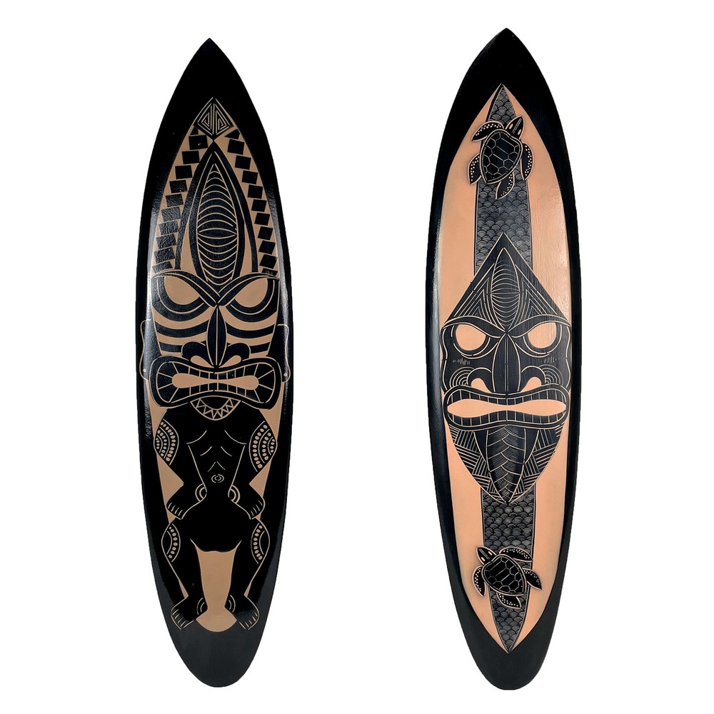 Decorative Set of 2 Wall-Hanging Surfboards – Hand-Carved Wood with Tiki Mask