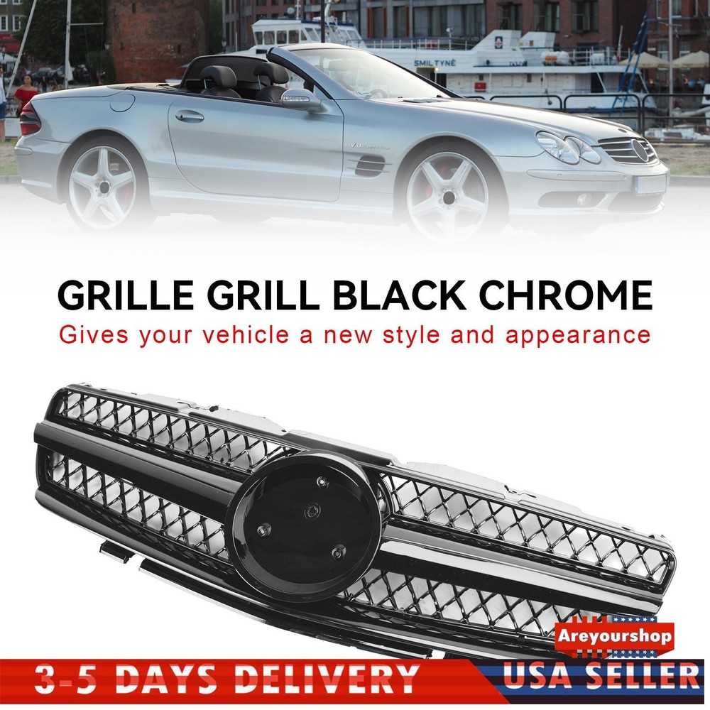 Grille Grill Black Chrome Fits Mercedes R230 SL500,600 03-06 1 Fin Star