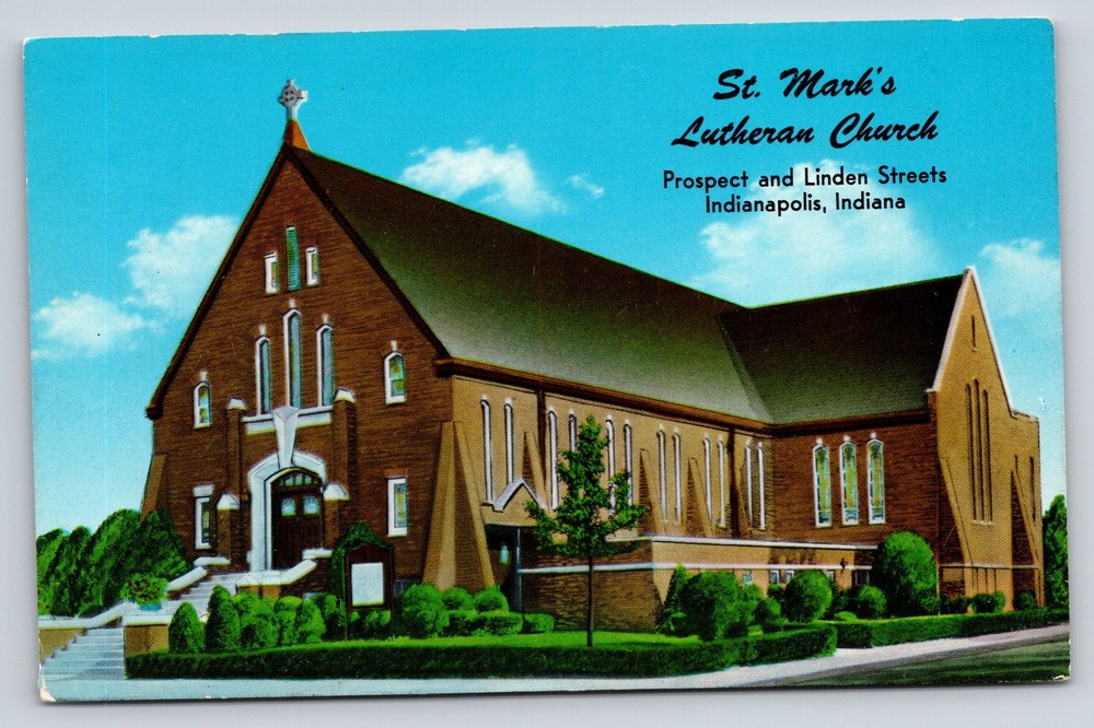 Indianapolis Indiana~St Marks Lutheran Church~Exterior View~Cross~1950s Postcard