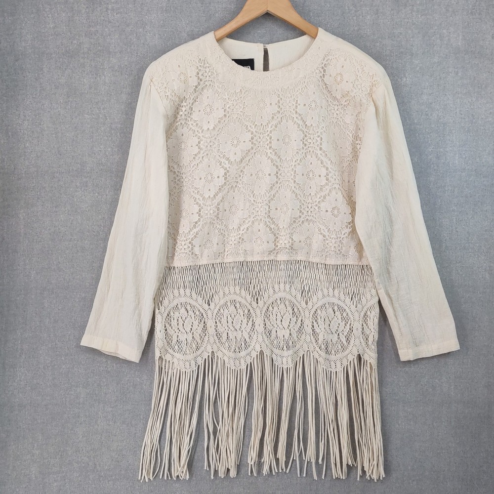 Vintage Choon Top Womens 8 Crochet Lace Fringe Hippie Western Boho Festival USA