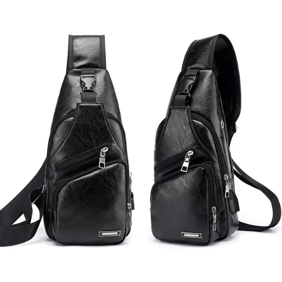 Black Chest Crossbody Bag Sling Backpack for Men with USB Charge Port