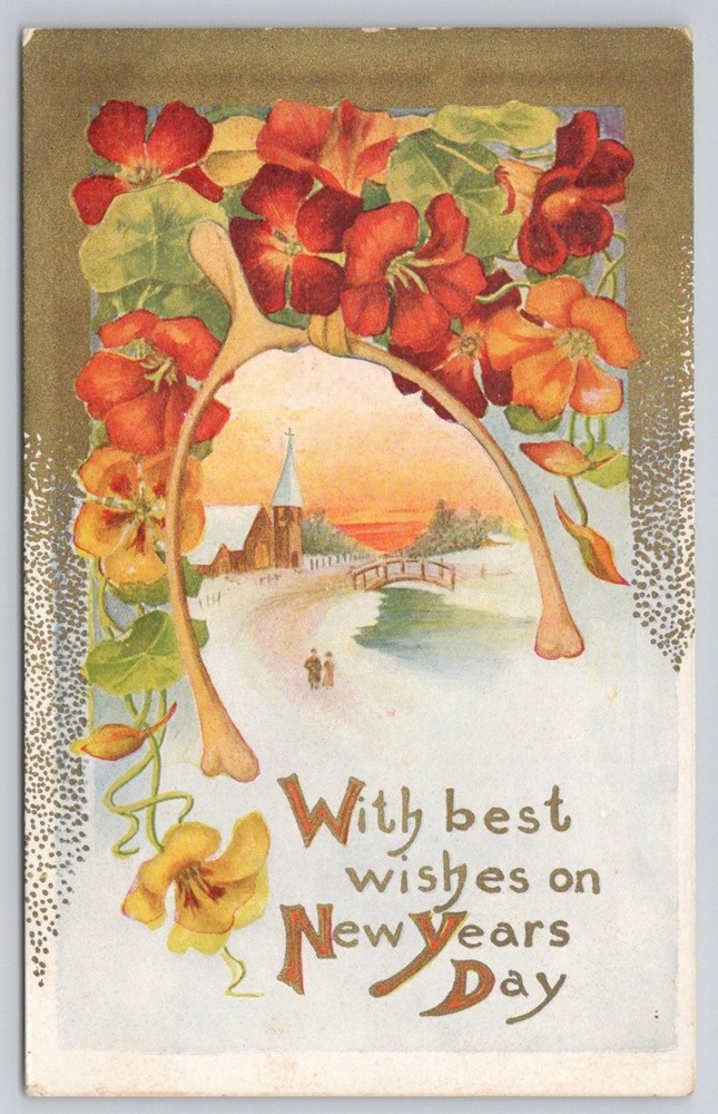 New Year Wishbone Nasturtium Flowers Church Winter Scene Postcard c1910s