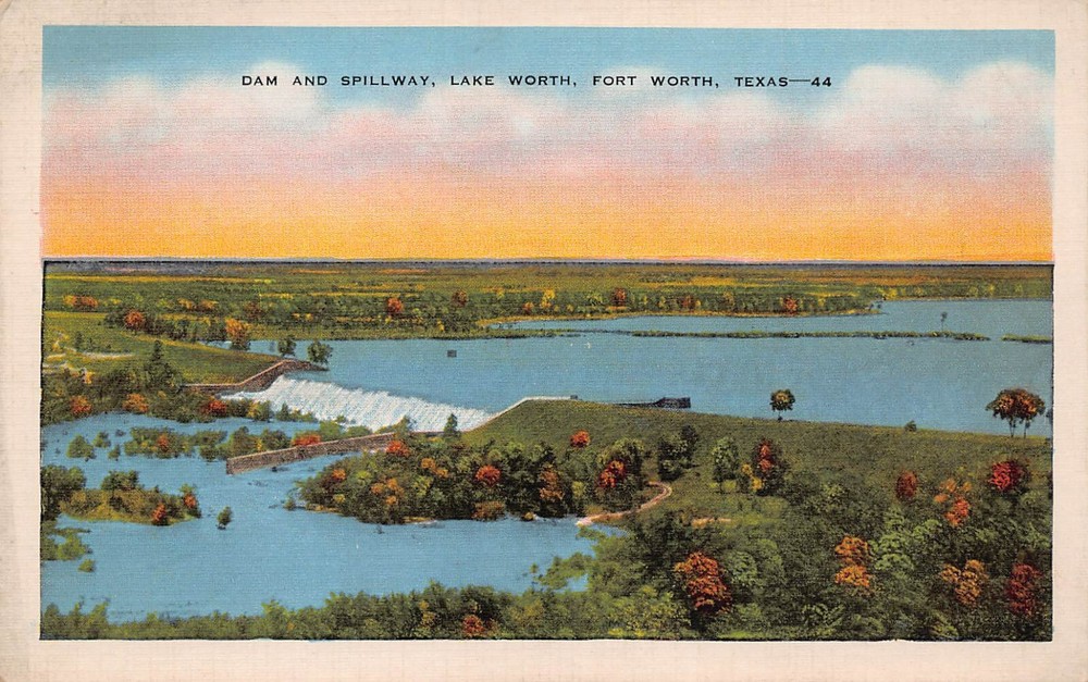Fort Worth TX-TEXAS Scenic View of Dam and Spillway Lake 1940s Vtg Postcard P2