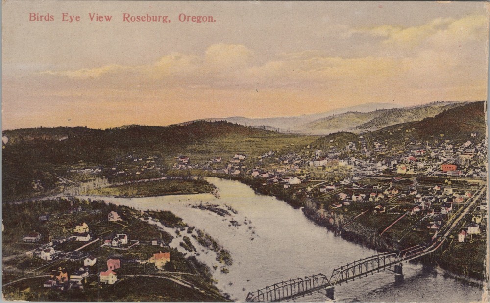 Roseburg OR birds eye view aerial bridge town Oregon postcard N282