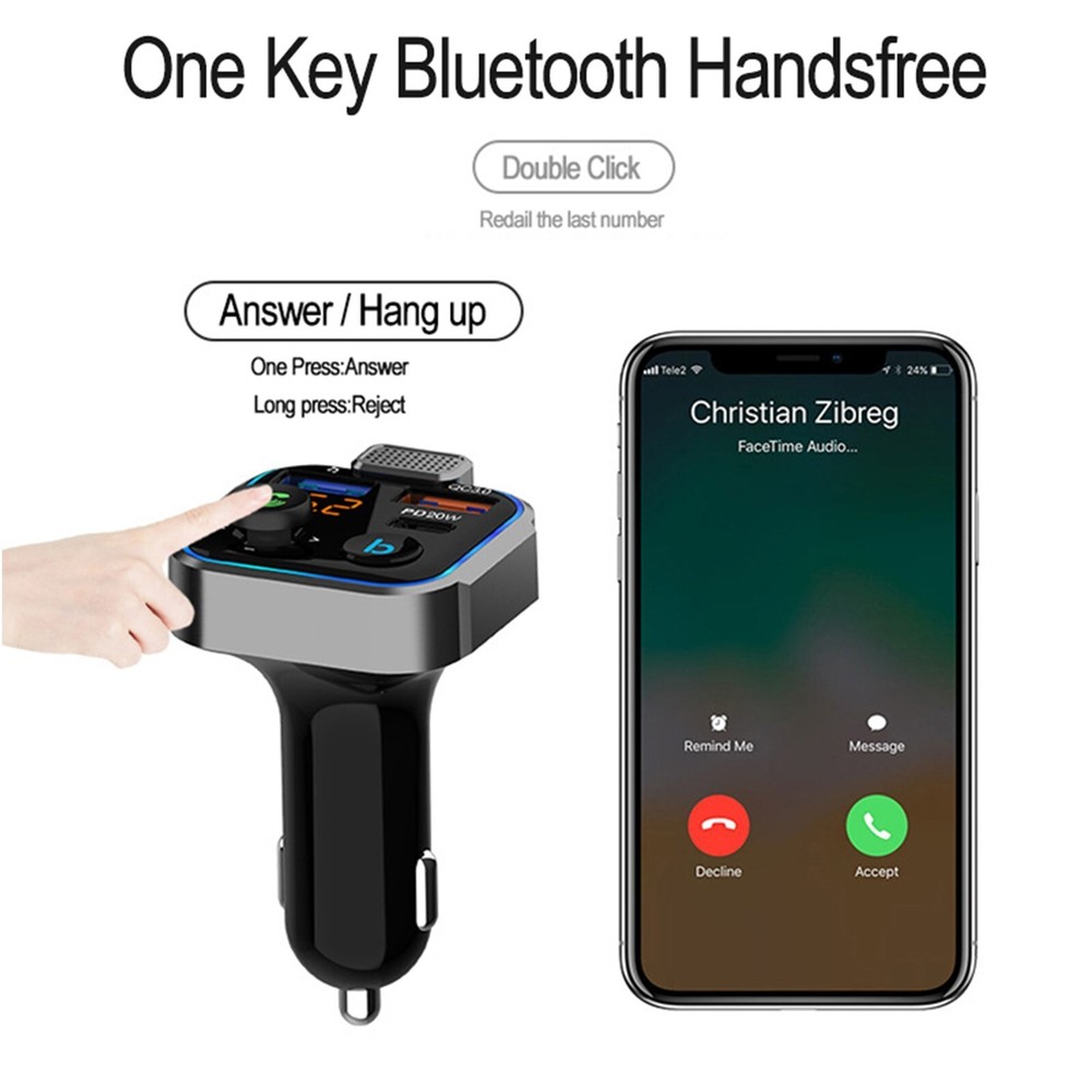 Key Charger Car Mp3 5.0 Music Big Play Transmitter USB Bass QC One FM Mic Blueto