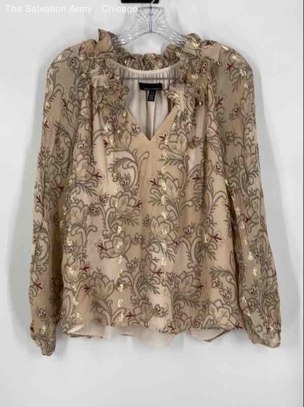 White House Black Market Womens Peach Gold Floral Long Sleeve Blouse Top Size XS