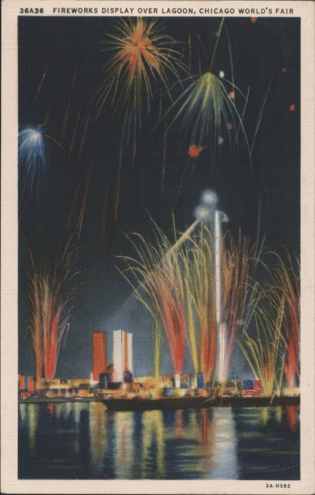 Chicago, Illinois IL Fireworks Display Over Lagoon, Chicago World's Fair Teich