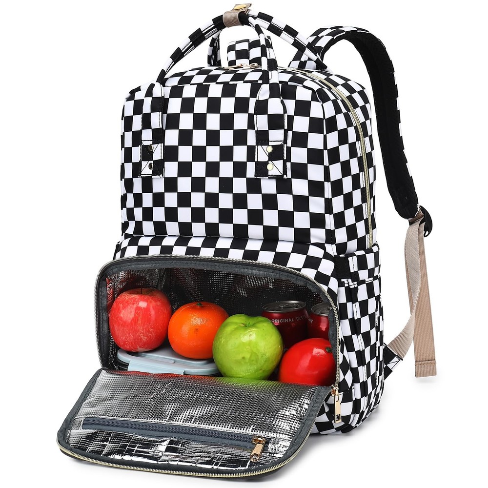 Checkered Lunch Backpack for Girls Women, Insulated Cooler 15.6 inch Laptop B...