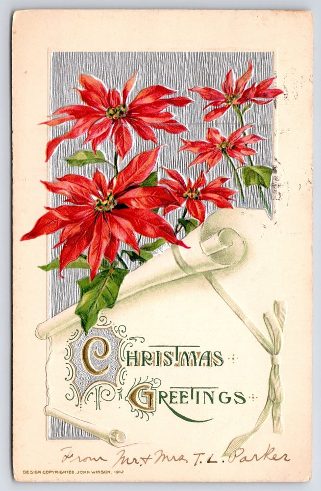 Holiday~Christmas Greetings~Poinsettia~Scroll~John Winsch 1912 Postcard