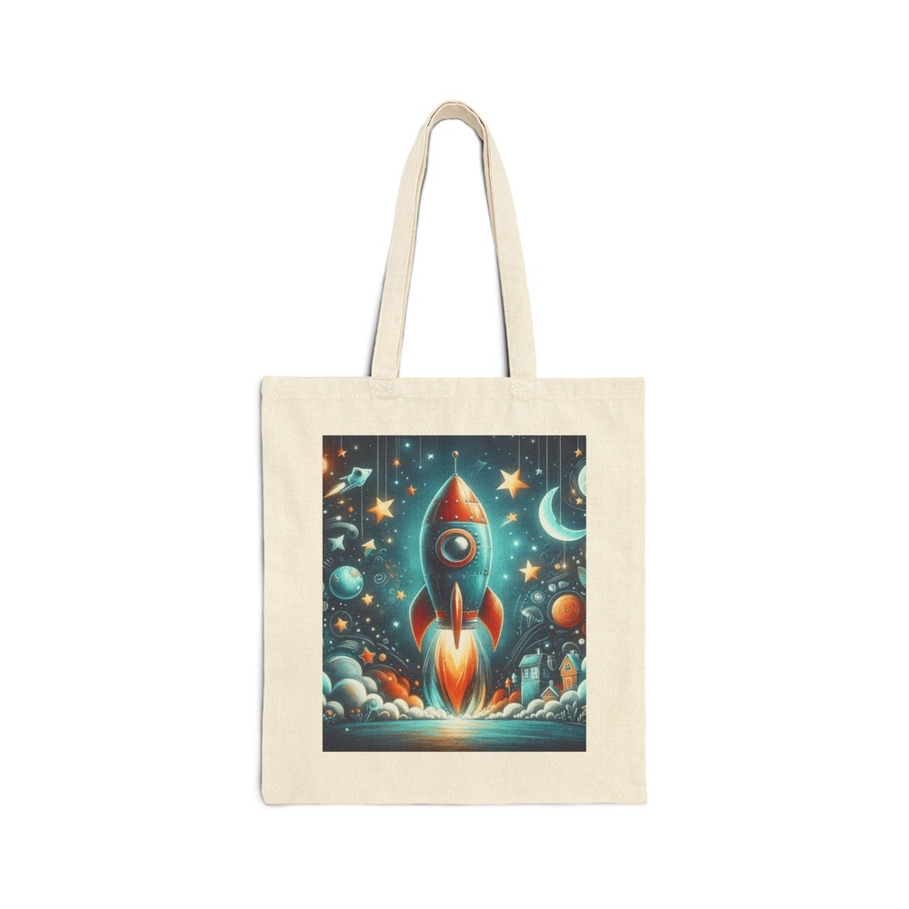 Cotton Canvas Tote Bag with Playful Rocketship Outer Space Design for Kids Gift