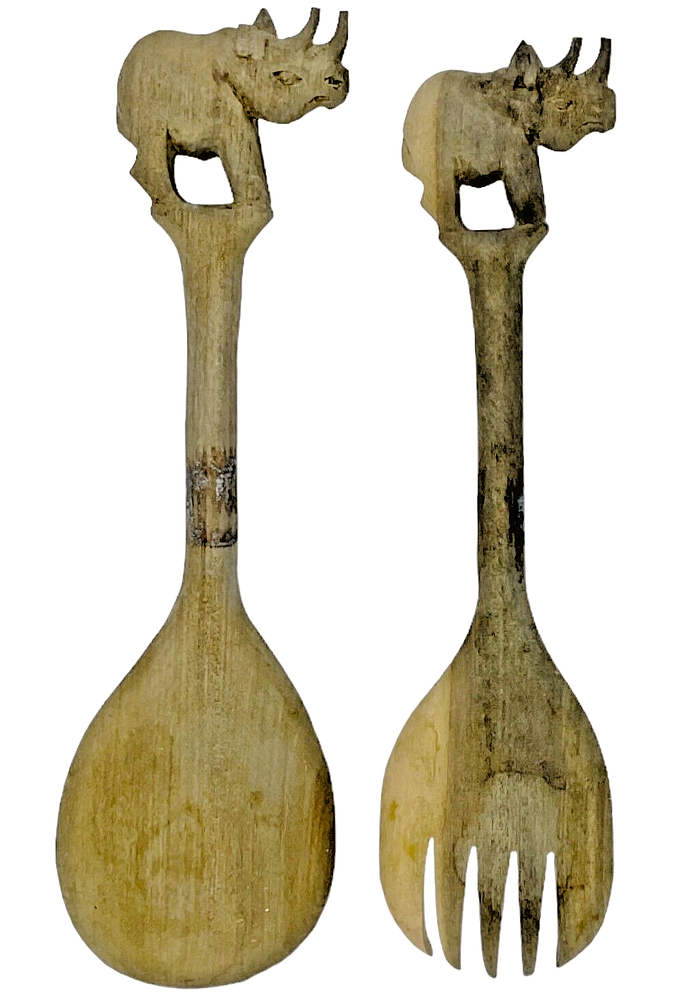 Hand Carved Wood Rhinoceros Salad Serving Spoon & Fork Tongs Wall Hanging Vtg