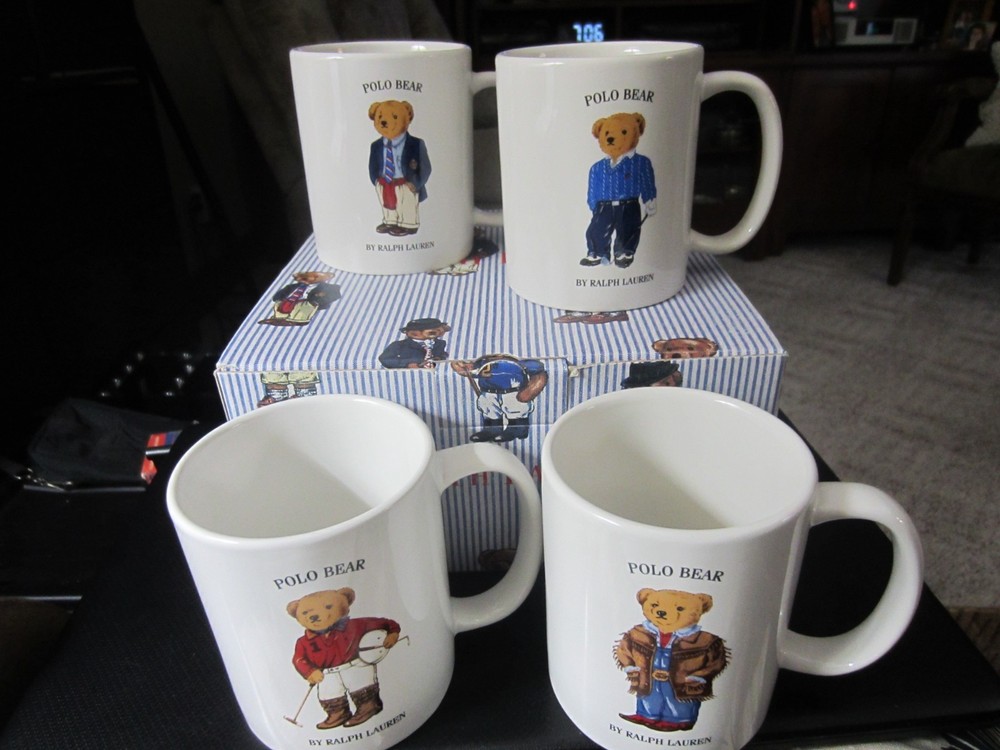 Set of 4 Vintage Ralph Lauren Polo Bear Stoneware Coffee Mugs (1997)