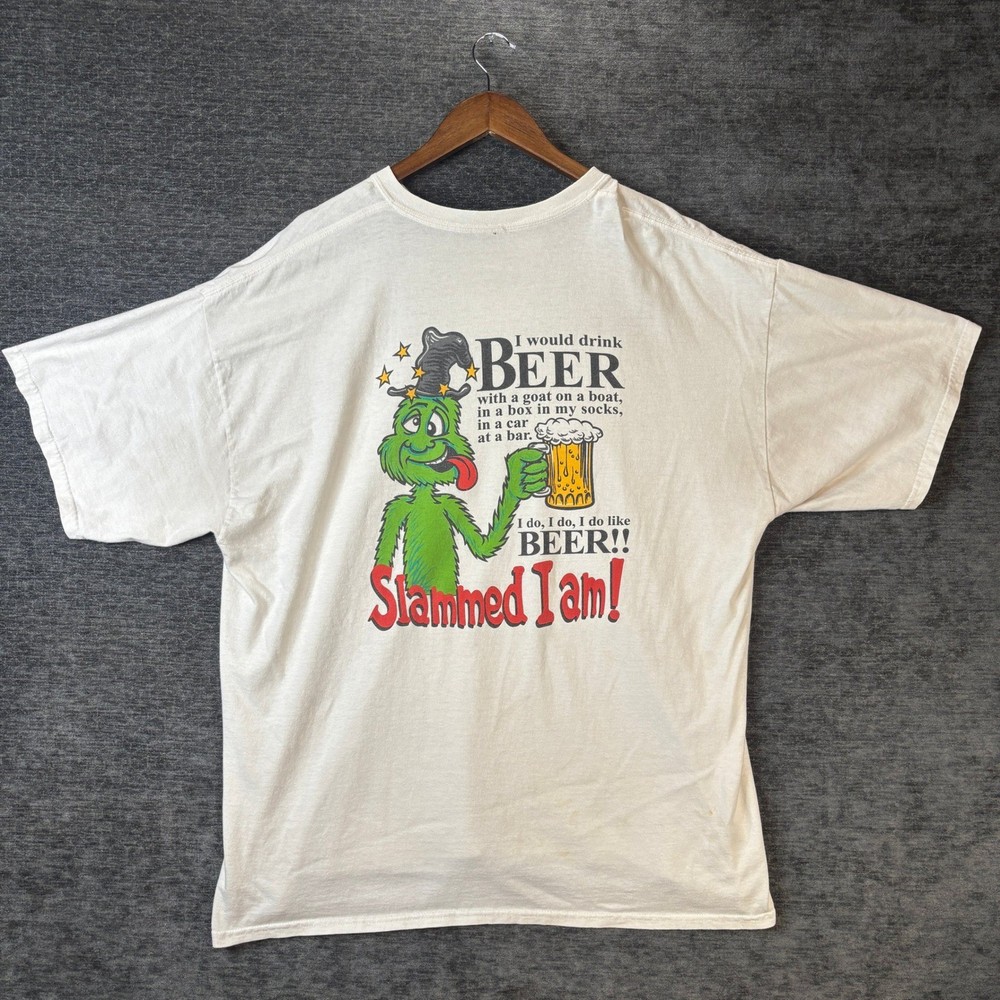 Vintage Slammed I Am Beer Grinch Graphic T-Shirt White Mens XL Dr Seuss Parody
