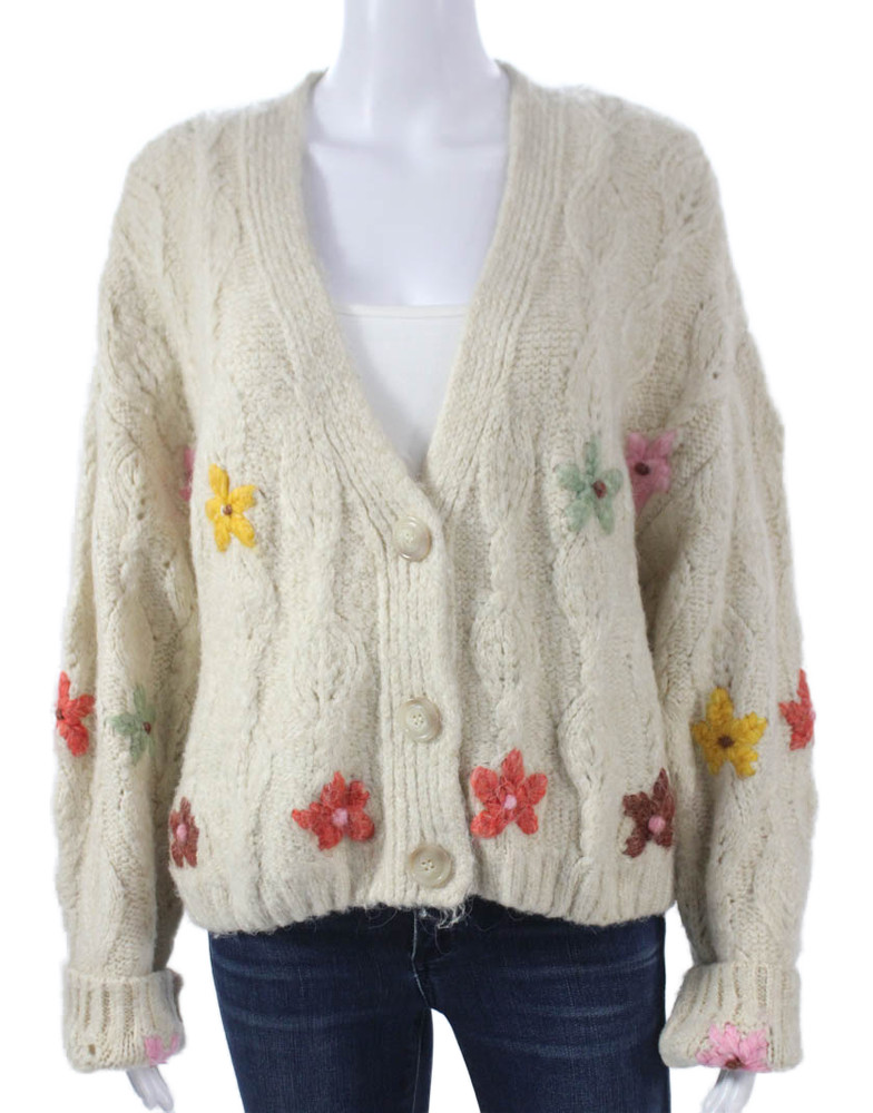 Zara Womens Beige Floral Acrylic V-Neck Long Sleeve Cardigan Size LFree Shipping in US $100+ Orders | $6.95 Orders Below