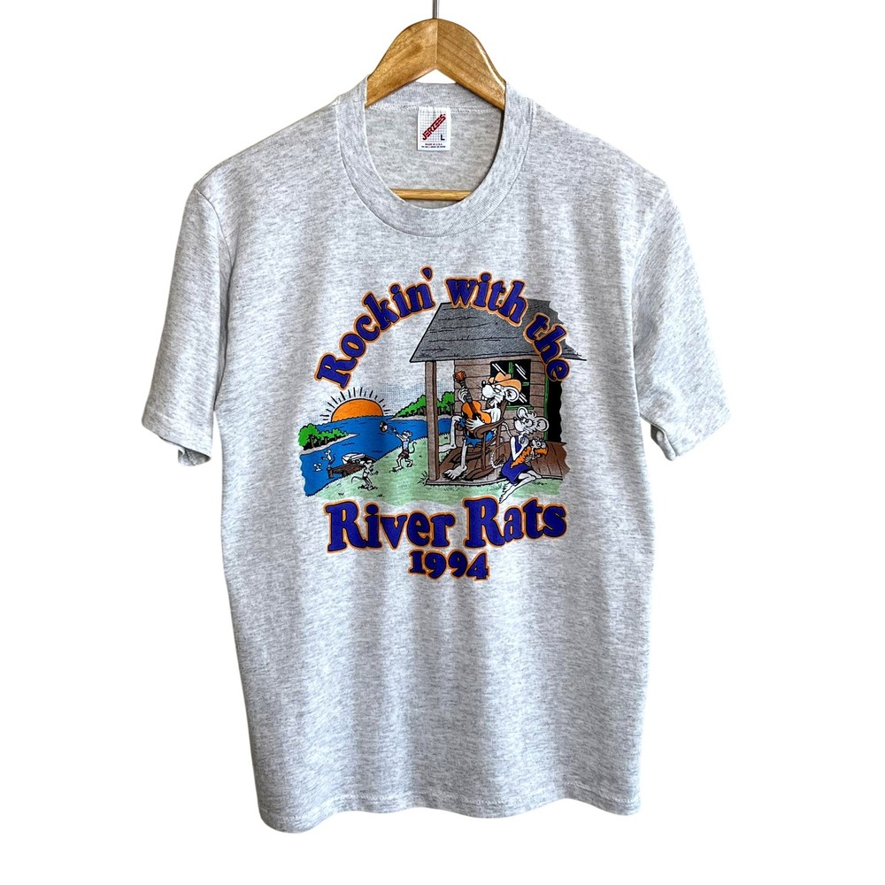Vintage Jerzees River Rats Shirt Mens Large Gray Rockin' 1994 Graphic T-Shirt