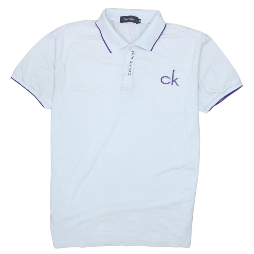 Calvin Klein Womens Polo Shirt White CK Logo Purple Trim Relaxed Classic XL