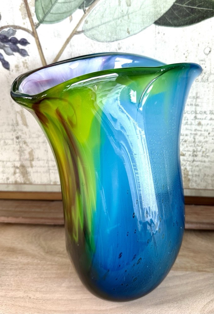 Hand-Blown Art Glass Vase, stunning multi-colored, free-form design