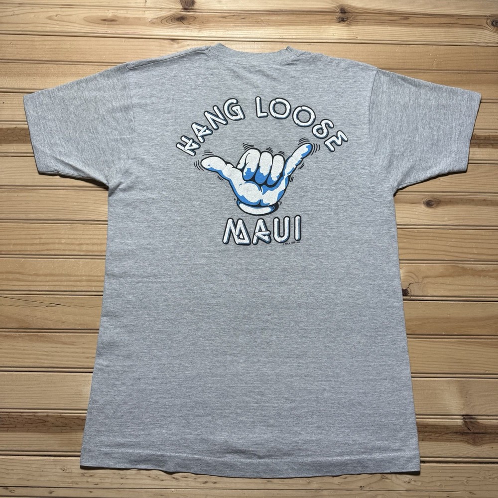 Vintage 1985 Hang Loose Maui Shaka Hand Surf Hawaii Graphic T-Shirt Gray - Large