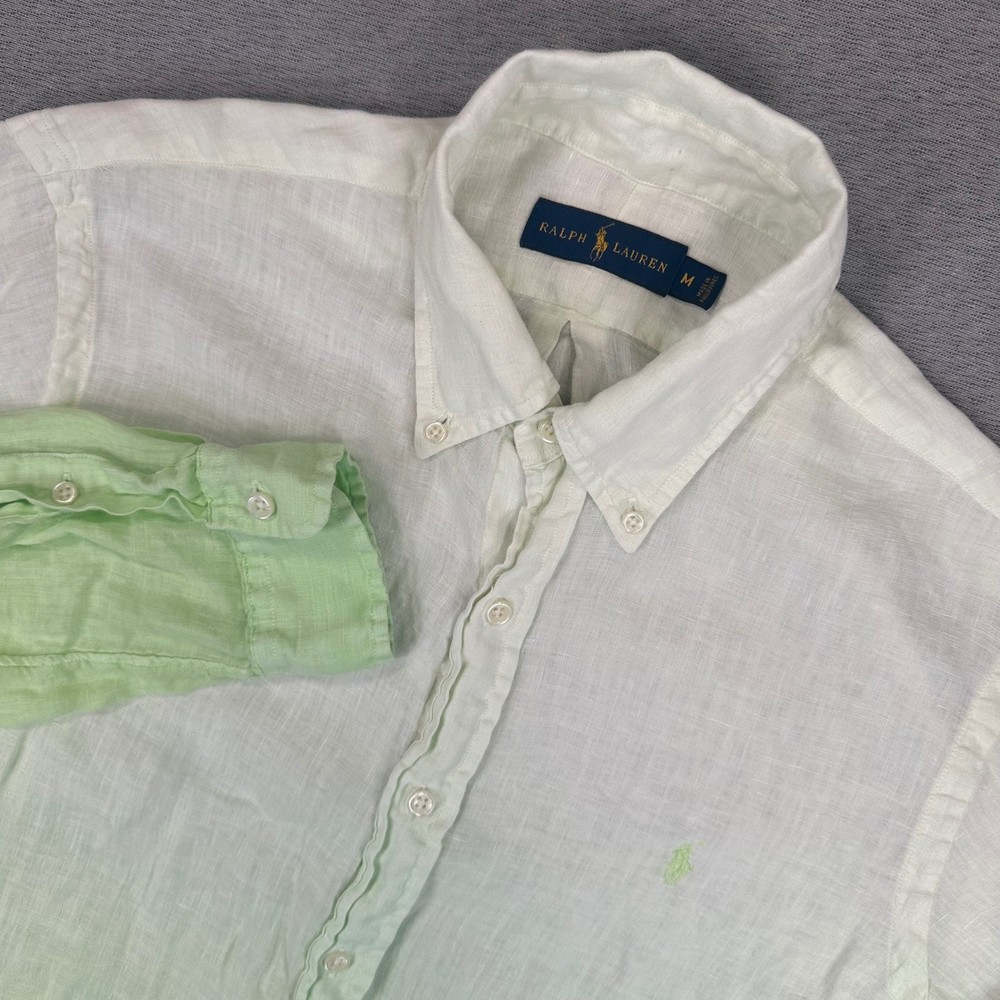 Ralph Lauren 100% Linen Button Down Shirt Mens M White Green Ombre Dyed Pony