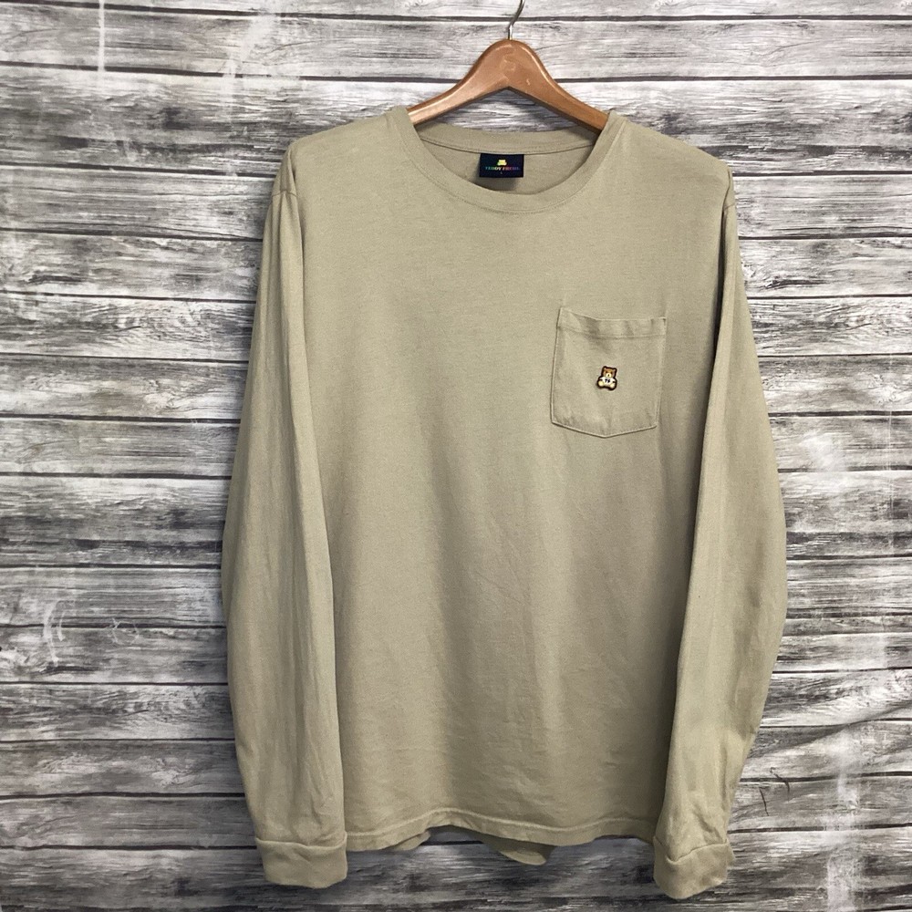 Teddy Fresh Shirt Mens Large Beige Long Sleeve Pocket Tee Streetwear