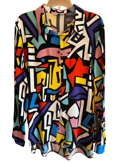 Vintage Big Dart Pop Art Geometric Shirt Blouse 2X Plus Viscose 90s Colorblock