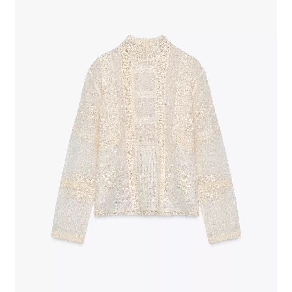 ZARA ZW Collection Romantic Cream Lace Blouse | Size M NWT Cottage Embroidered