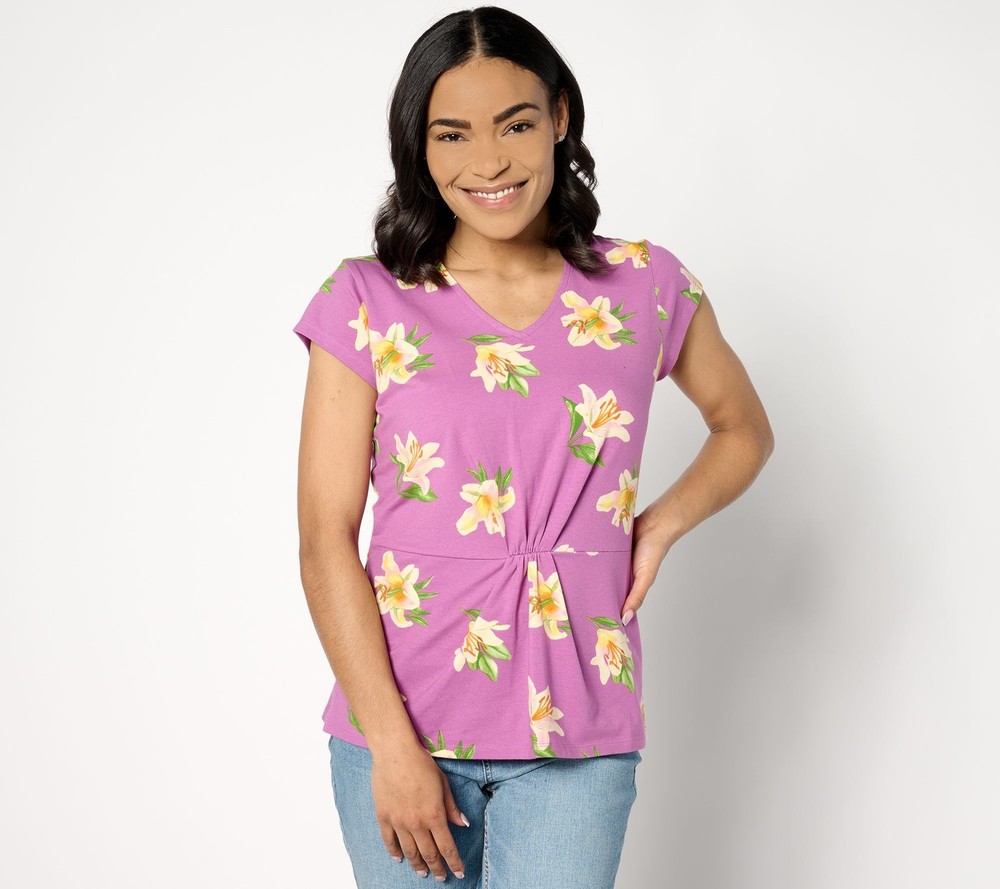 Denim & Co. Women's Top Sz L Favorite Jersey Printed V-Neck Cap Purple A649612