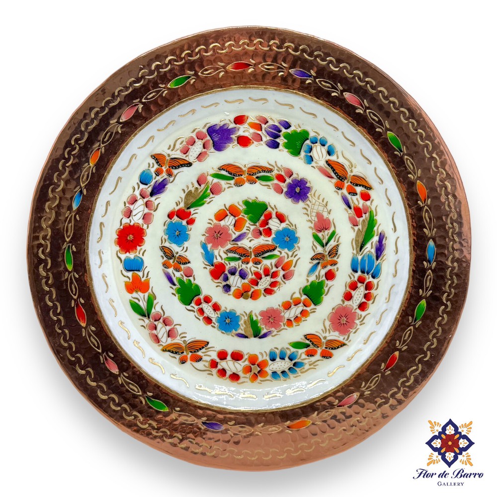 Sergio Velazquez | White Flowered Hammered Copper Plate with Monarch Butterflies