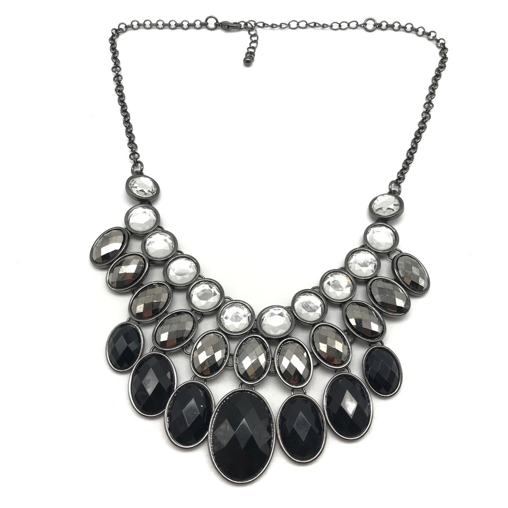 Ladies Black Clear Silver Tone Rhinestone Layered Adjustable Statement Necklace