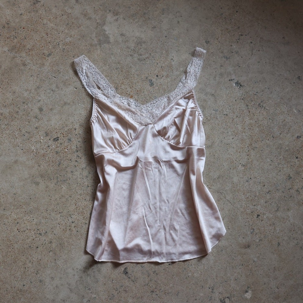 Vintage Y2K Champagne Satin Lace Trim Cami Coquette Top