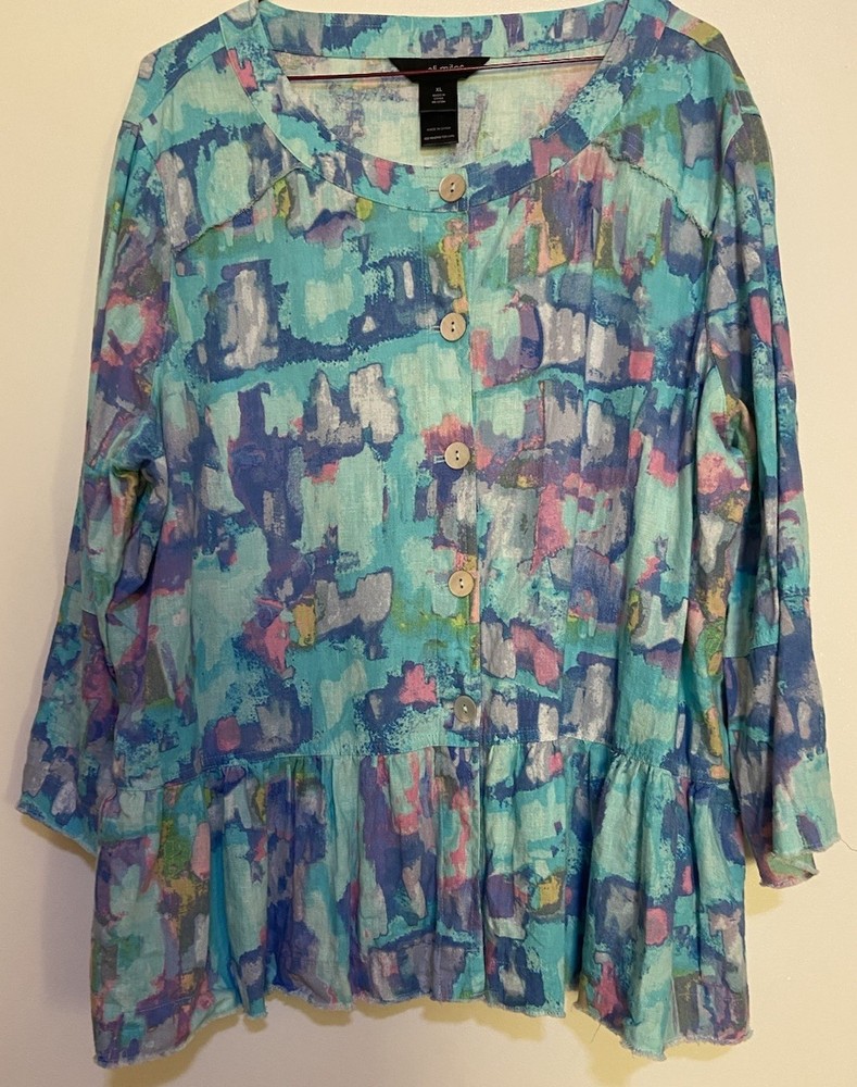 Ali Miles Top/Blouse Button Up Peplum Ruffle Linen Blend Boho Art to Wear  Sz XL