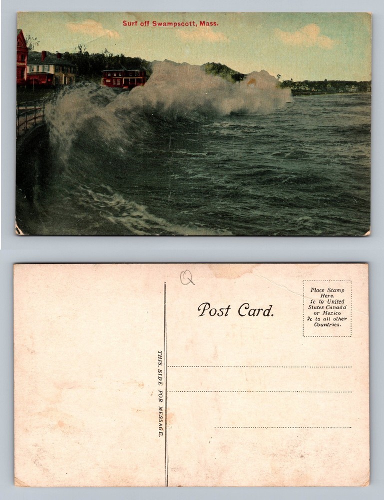 Swampscott, Massachusetts, Ocean Surf Crashing Waves Shoreline Vintage Postcard