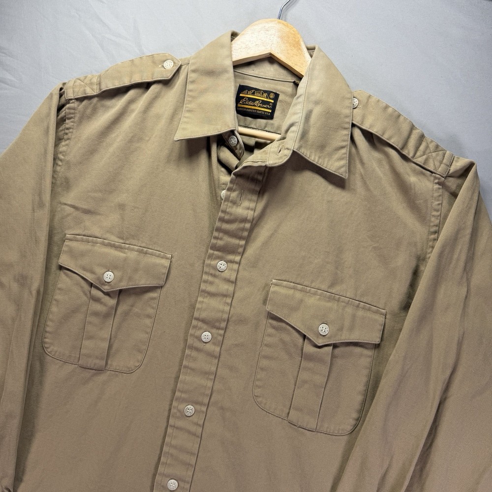 Vintage Eddie Bauer Work Shirt Mens Medium Brown Button Up Twill Epaulet 90s