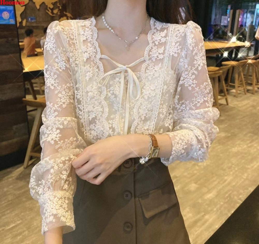 Korean Fashion Women Lace Crochet Sheer Puff Sleeve Fairy Bow Tops Blouse Shirts