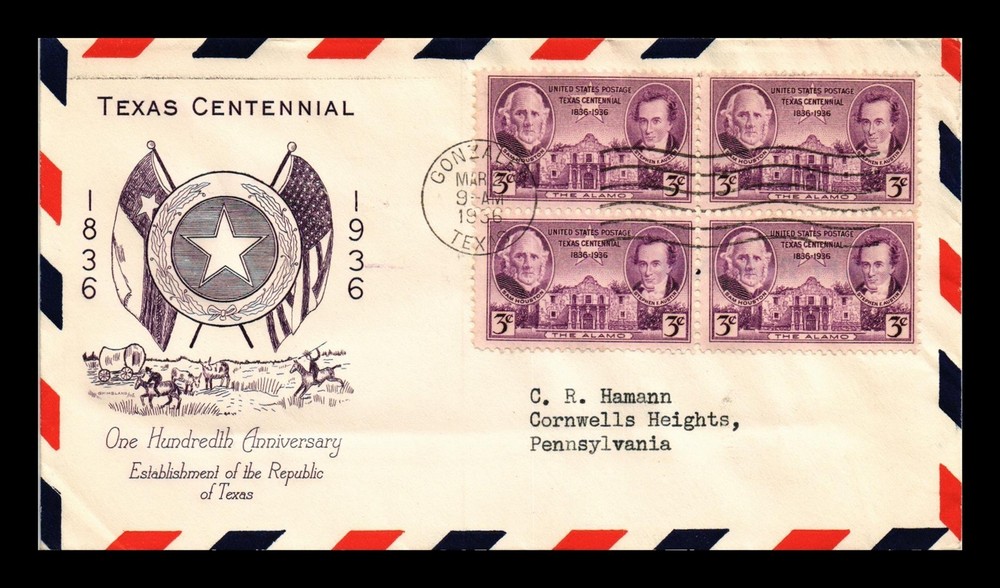 Dr Jim Stamps Us Cover Texas Centennial Fdc Scott 776 Block Of 4 Grimsland