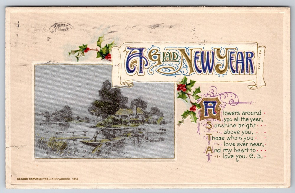 Glad New Year Poem Boat Scene 1912 John Winsch Embossed Postcard