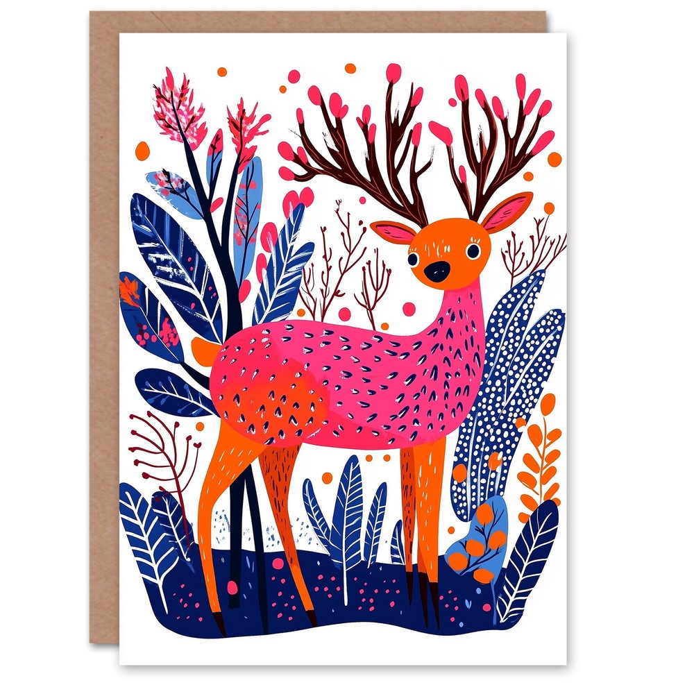 Vibrant Folk Art Reindeer Forest Christmas Card in Orange Pink Blue