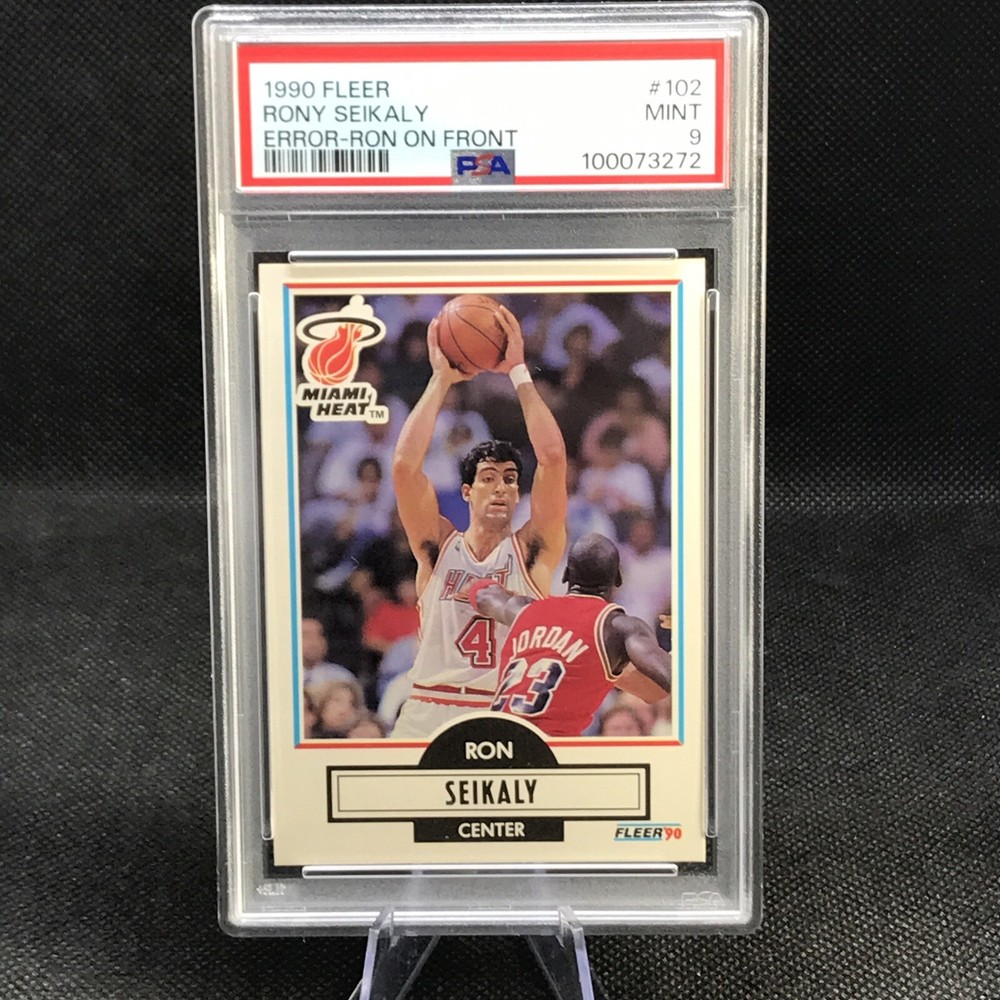 PSA 9 - ERROR RON ON FRONT - 1990 FLEER RONY SEIKALY HEAT #9 - MJ GUARDING