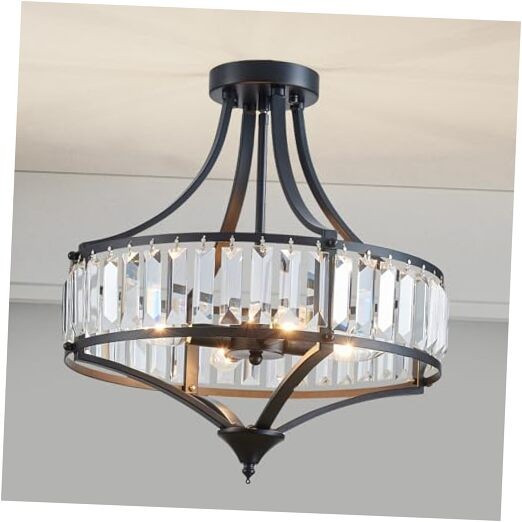 Rustic Black Round Crystal Dining Room Ceiling Light
