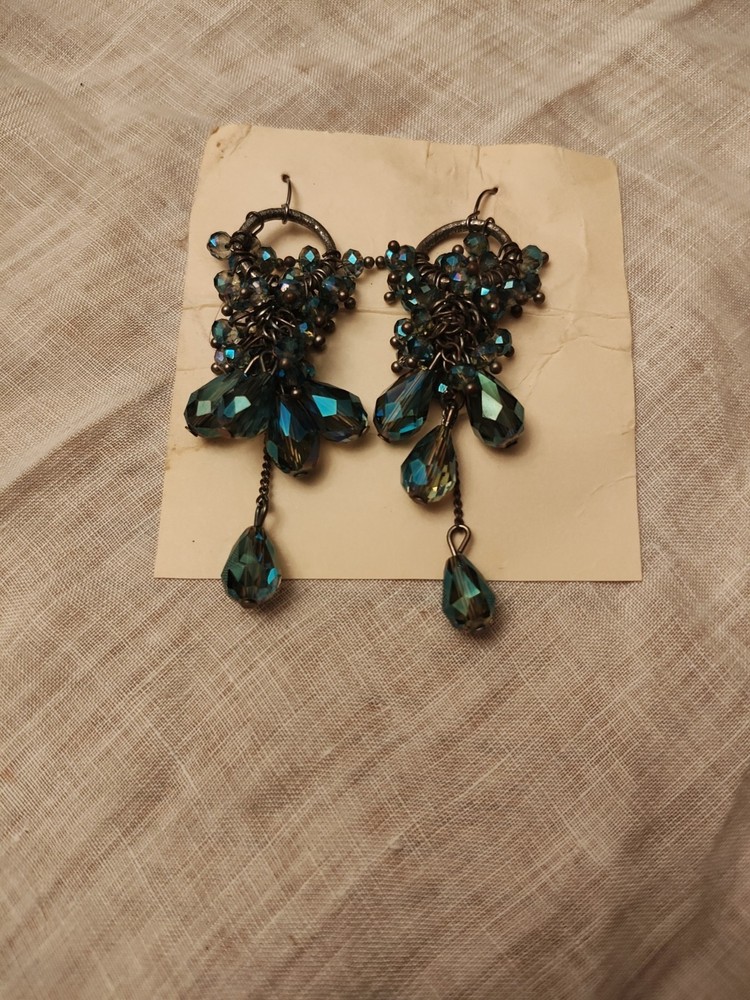 Vintage Blue AB Glass Dangle Hook Silver Tone Earrings 2.375