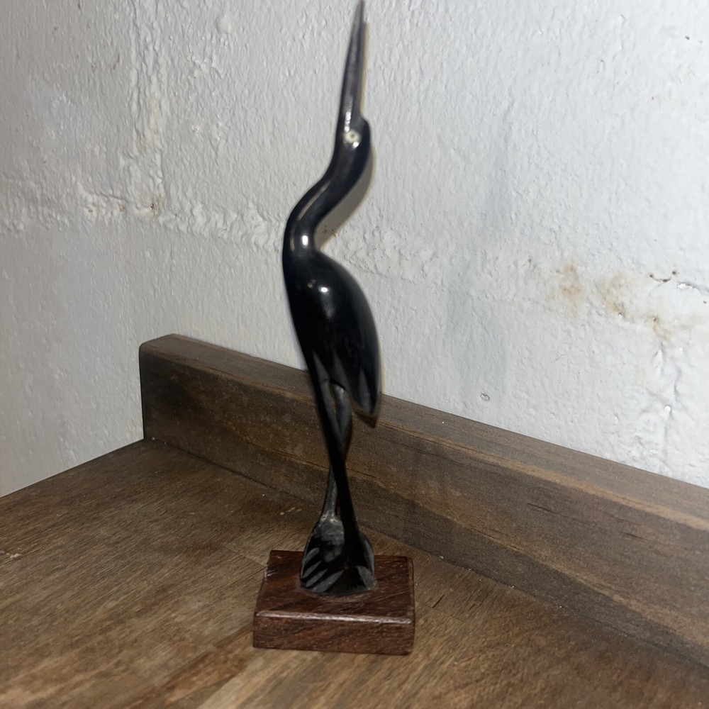Vintage Hand Carved Egret Crane Heron Bird 7” Wood Base India