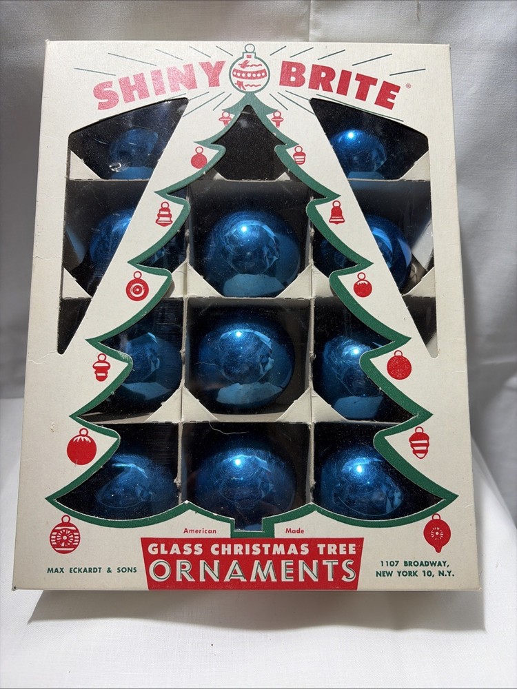VTG Shiny Brite Mercury Glass Blue 3” Christmas Ornaments Set of 11 w/ Box USA
