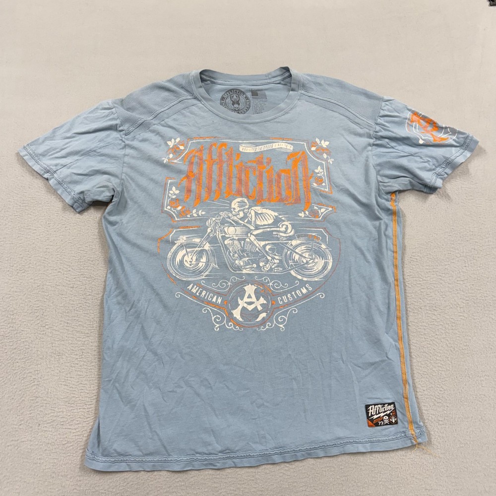 Affliction American Customs Shirt Mens XL Blue Graphic Skull Motorcycle Tee