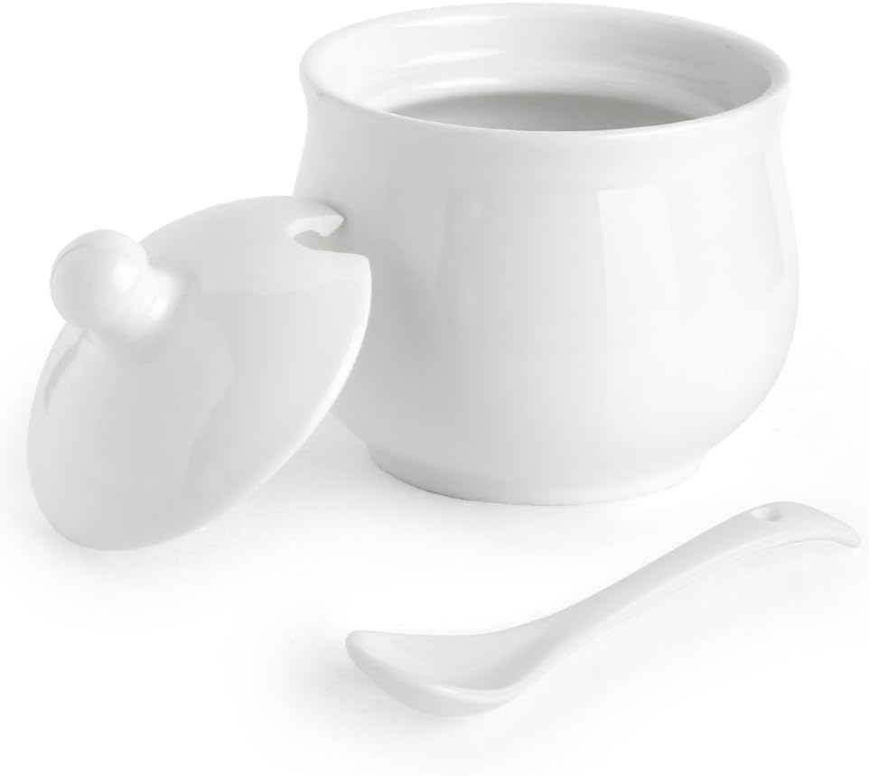 Ceramic Sugar Bowl with Lid and Spoon, Porcelain Salt Storage Jar, White Seasoni