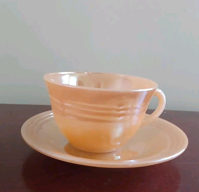 Fire King Oven WARE Peach Lustre 3 BAND  Coffee Or Tea Cup And Saucer Set